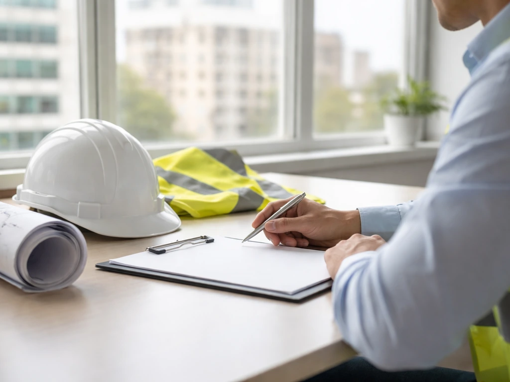 Construction manager’s hands reviewing renovation plans beside a notebook in a modern real estate office