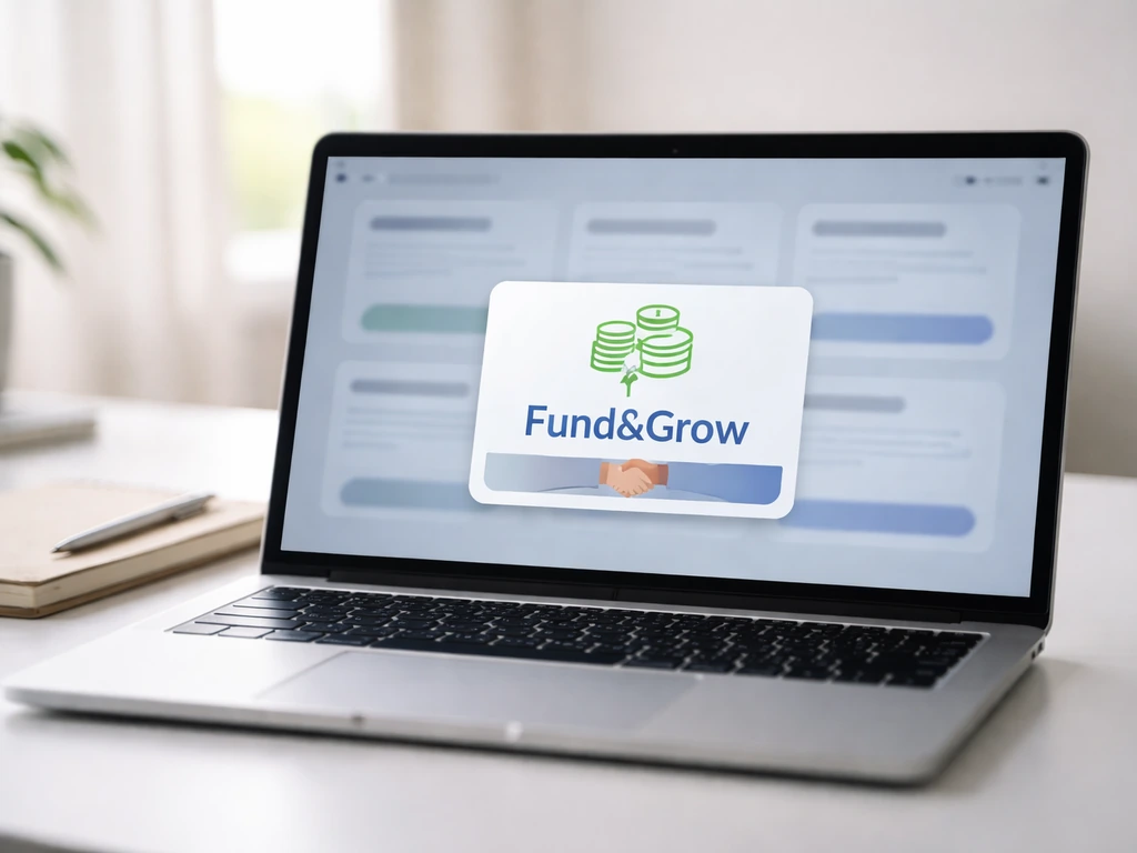 Laptop screen with a blurred financial partnership page tile, shown on a simple desk setup.