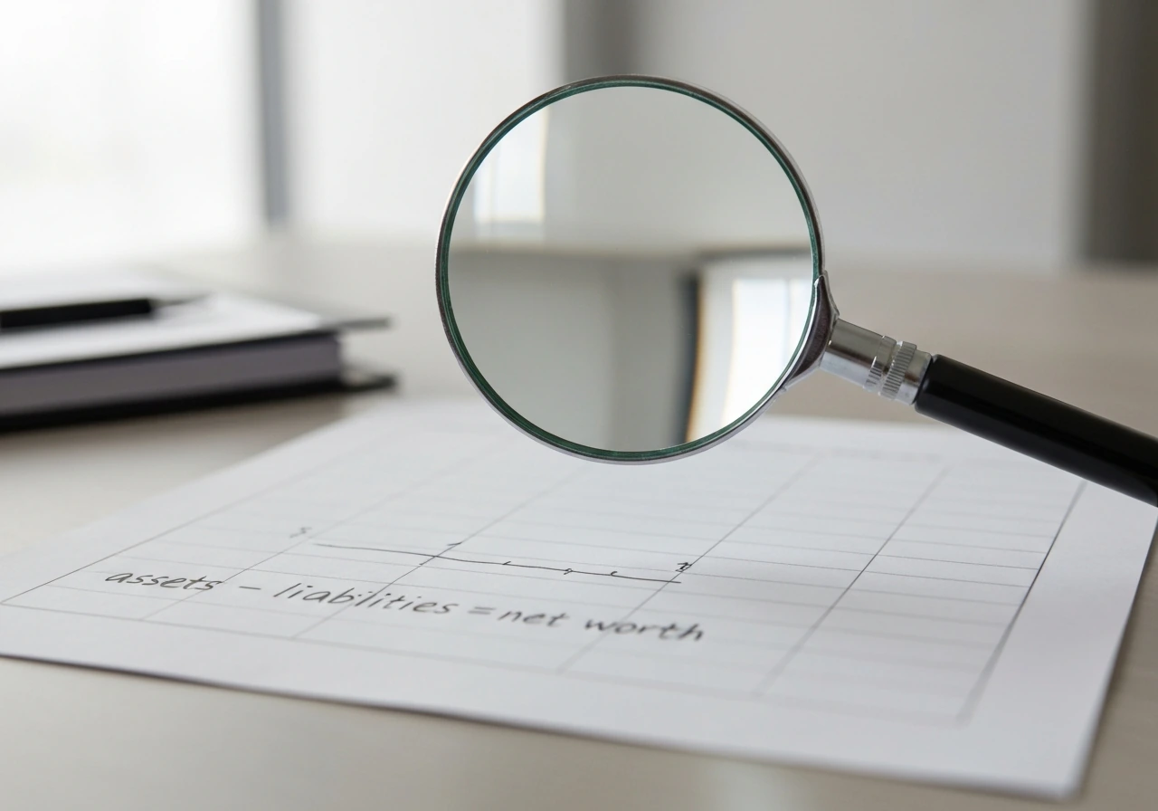 Magnifying glass over a blank spreadsheet-style paper suggesting assets minus liabilities.