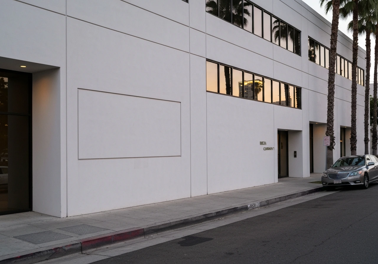 Exterior view of a media company office building in Los Angeles with subtle wealth and business cues