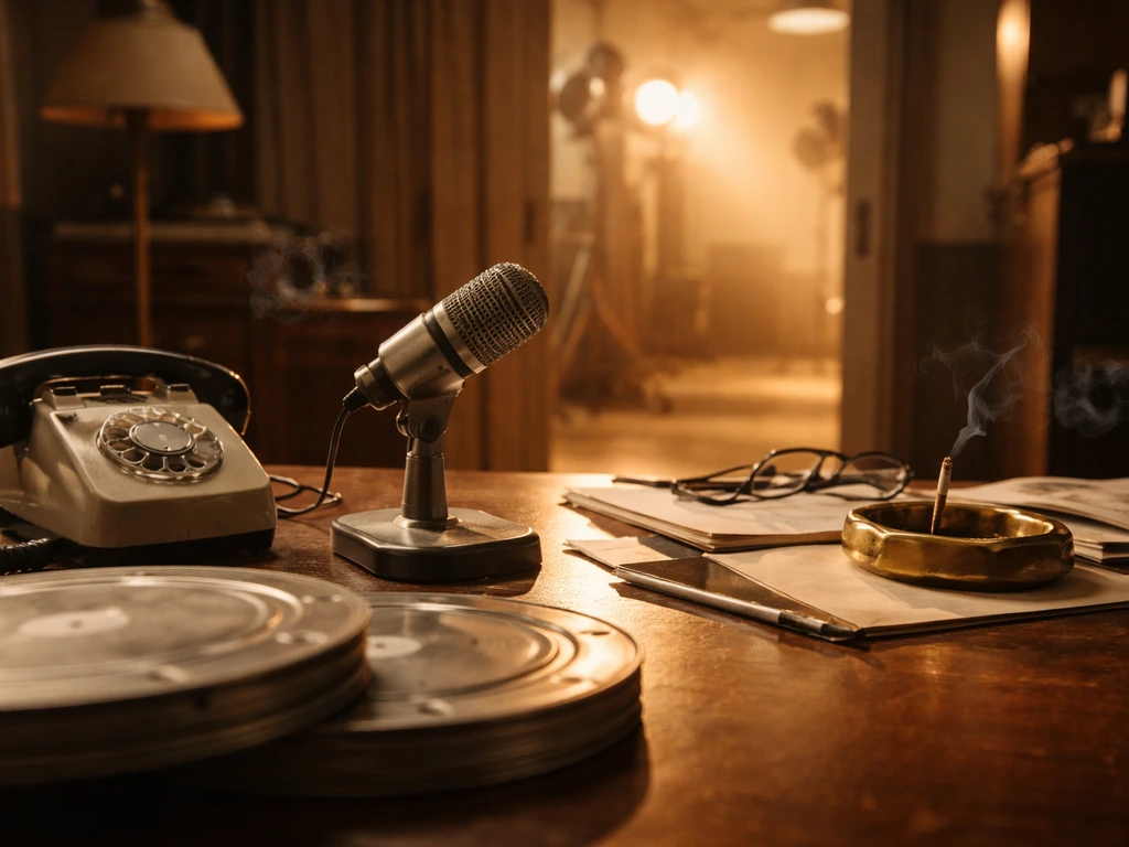 Vintage film studio desk with microphone and film reels, warm light suggesting a late-1970s breakout.
