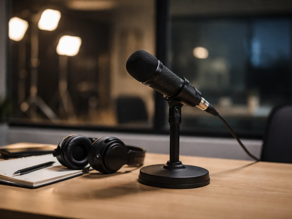 Empty film studio office desk with a microphone and soft evening lights suggesting ongoing media work.