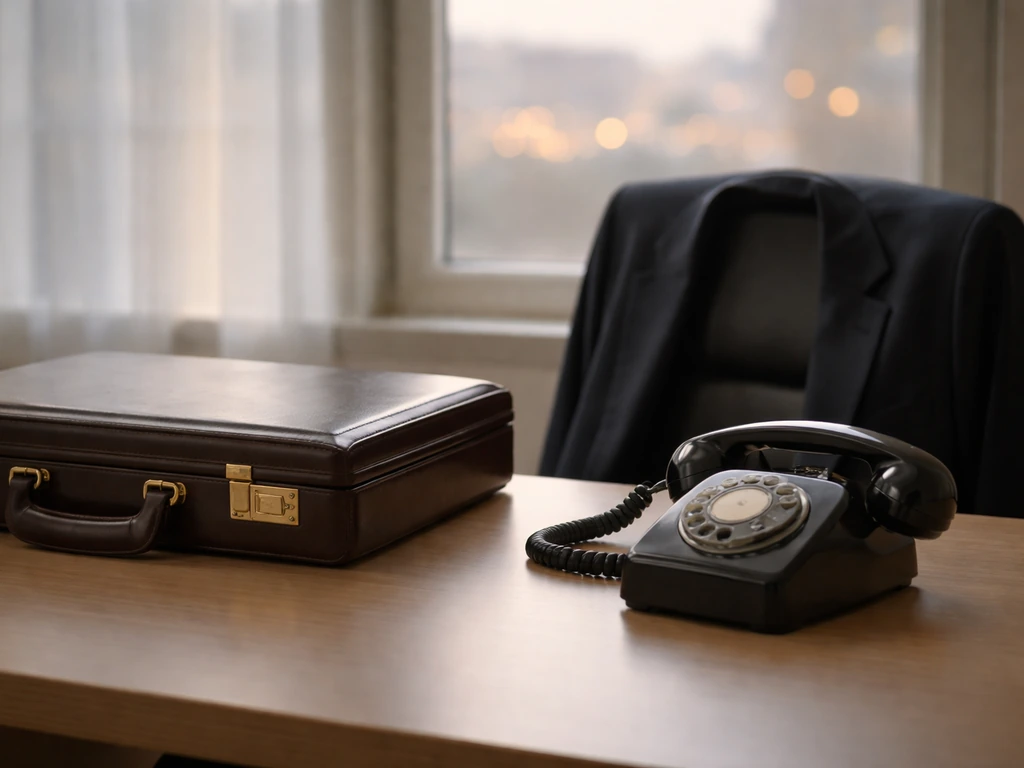 Anonymous desk scene with a leather briefcase and vintage phone, symbolizing pre-1988 finances.