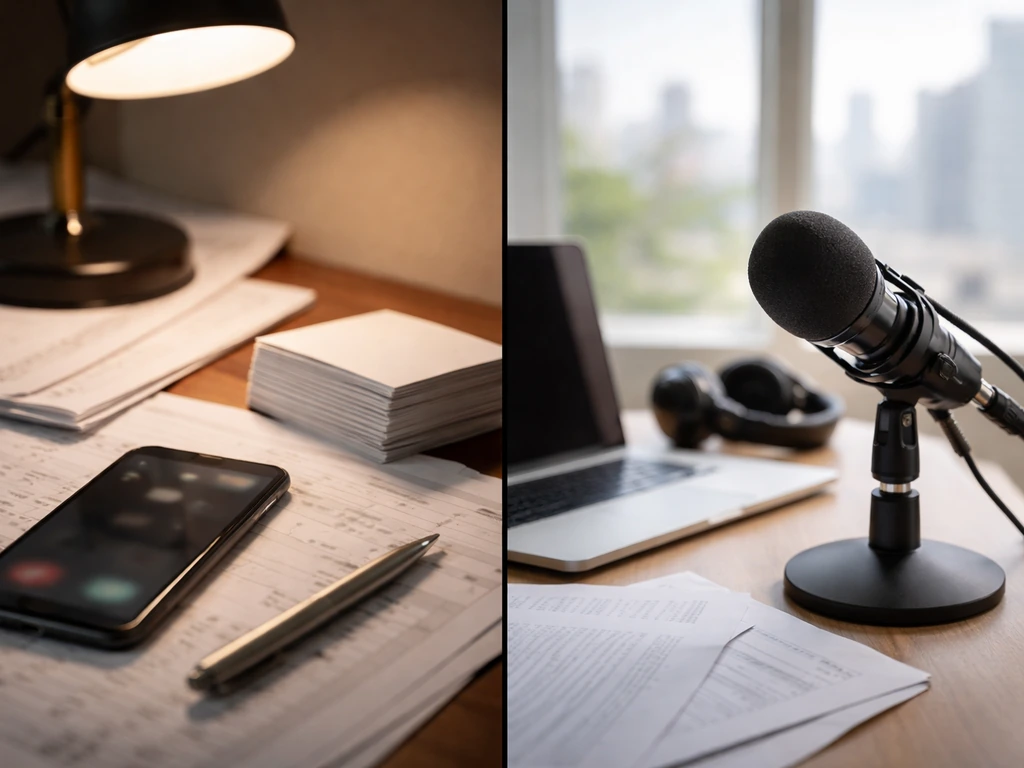 Split image of finance desk vs podcast studio setup, symbolizing two different public identities.