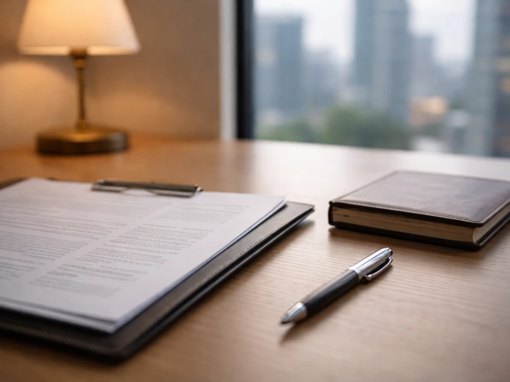 Close-up of investment-advisory contract papers and a leather notebook with a pen on a desk