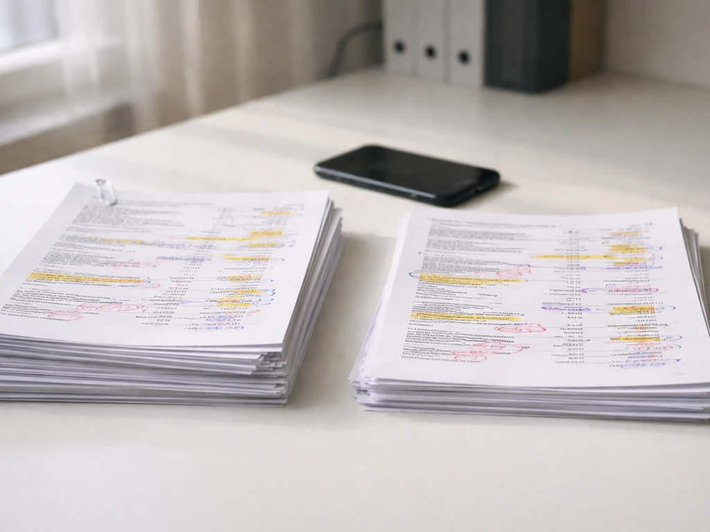 Two financial filings and shareholding documents on a desk, showing differing figures in separate piles.