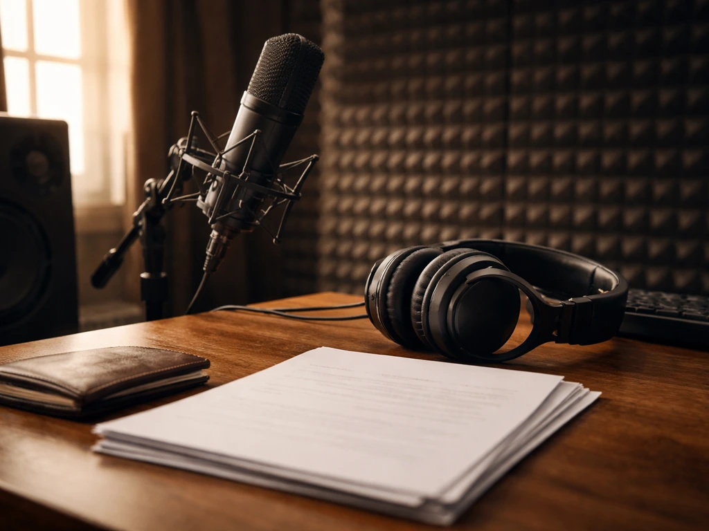 Microphone, studio headphones, and a wallet on a music-studio desk symbolizing music and earnings