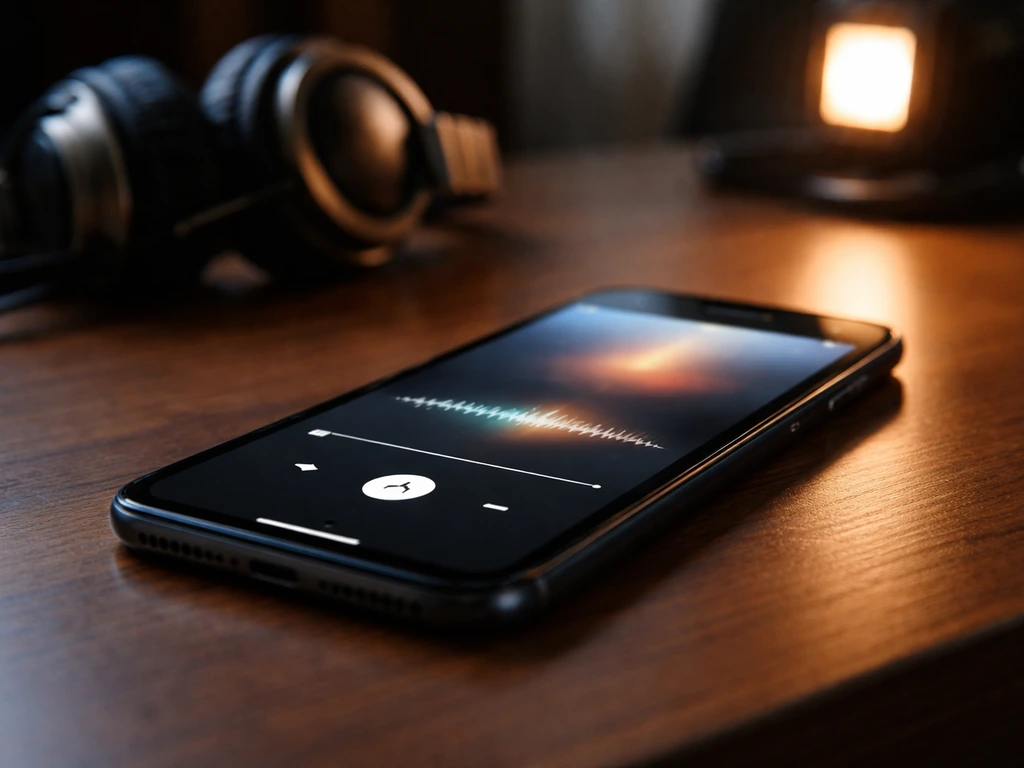 Close-up of a smartphone playing music in a quiet room, with soft reflections suggesting streaming royalties.