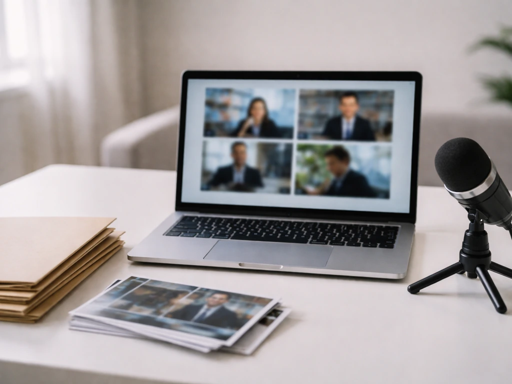 Minimal media and brand-deal scene with a laptop, microphone, and press materials on a tidy desk