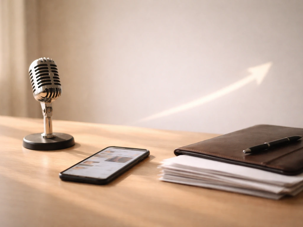 Studio desk with microphone and phone, minimal symbolic setup suggesting music success and wealth growth
