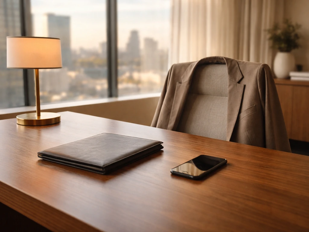 Luxury retail office scene with modern desk and company-style backdrop, symbolizing a Woolworths executive context