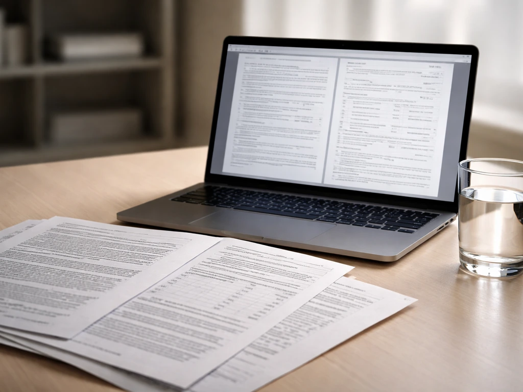 Close-up of a laptop showing anonymous SEC filing pages style mockup with finance documents, no readable text.