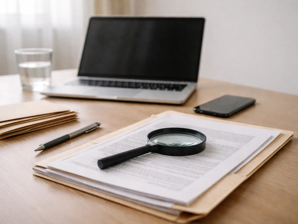 Minimal desk with a laptop, documents, and a magnifying glass for verifying financial filings.
