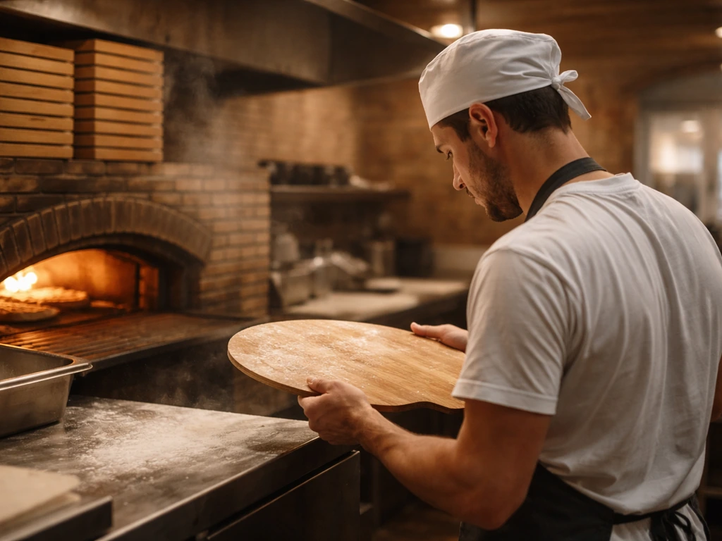 Man in a pizzeria kitchen wearing a cap and apron, warm lights, suggesting Frank Pepe’s quality and training
