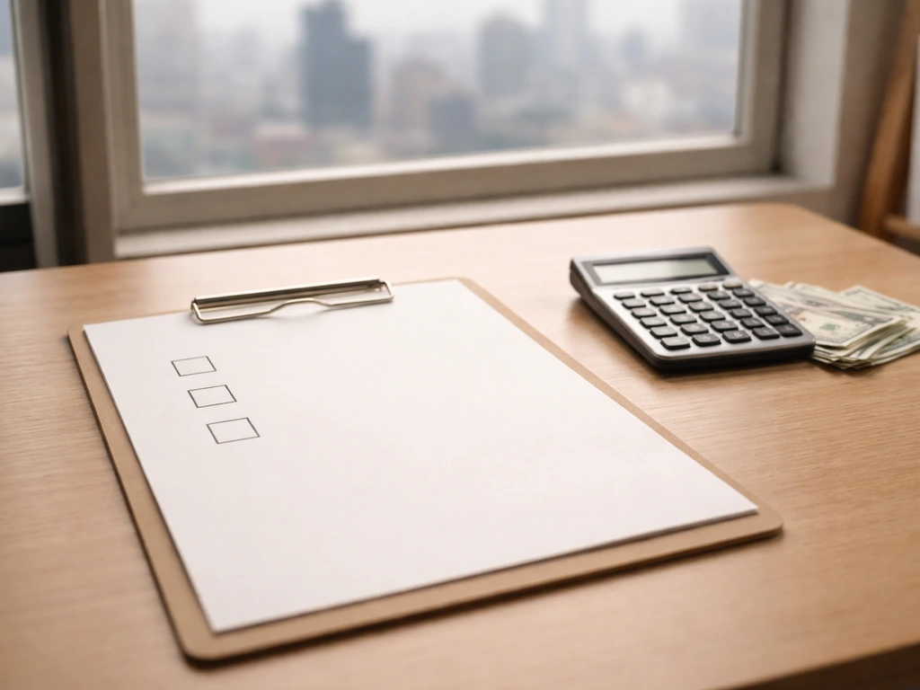 Minimal photo of a clipboard with three blank checkboxes beside a calculator and bills on a desk