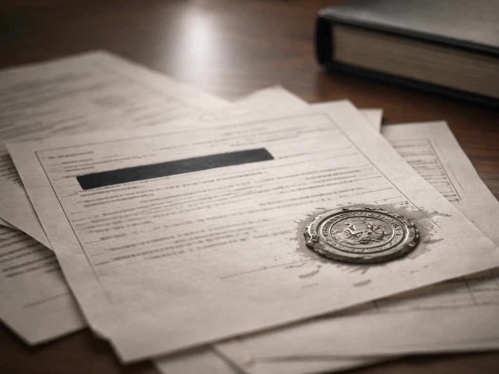 Close-up of old probate paperwork on a desk with a blurred courthouse stamp, symbolizing unclear net-worth figures.