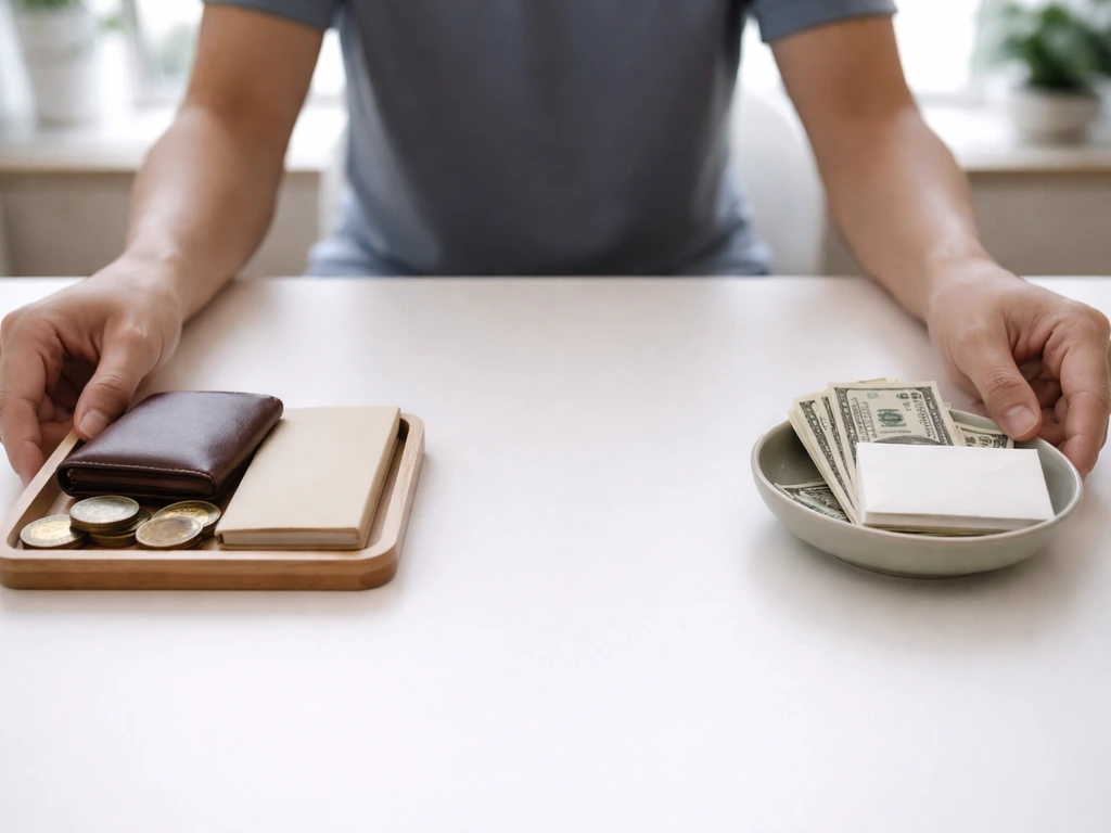 Minimal desk photo showing money and debt items arranged to suggest assets minus liabilities.