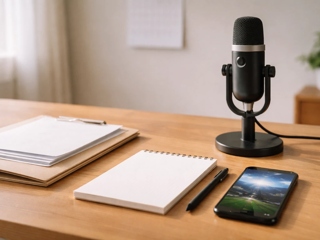 Minimal office desk with documents and microphone, hinting sports agency media work and wealth-building.