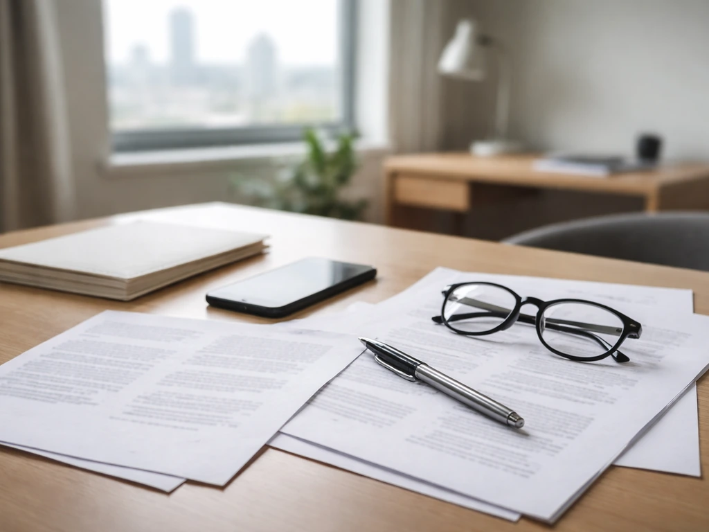 Minimal desk setup with anonymous papers, pen, glasses, and phone suggesting source credibility checks.