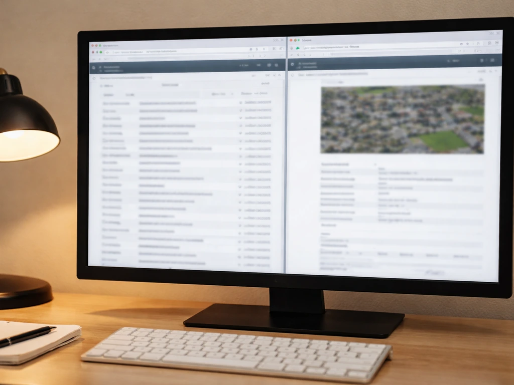 Close-up computer monitor with blurred Stretto docket results and county assessor lookup pages on the desk.