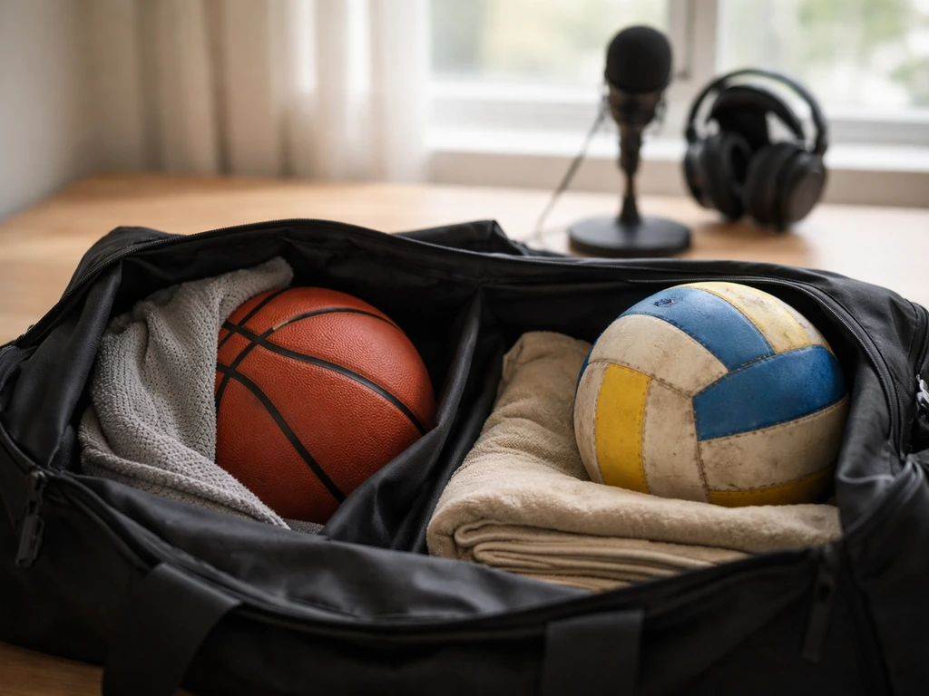 Sports bag on a desk with basketball and beach volleyball gear, plus a studio mic in soft daylight.
