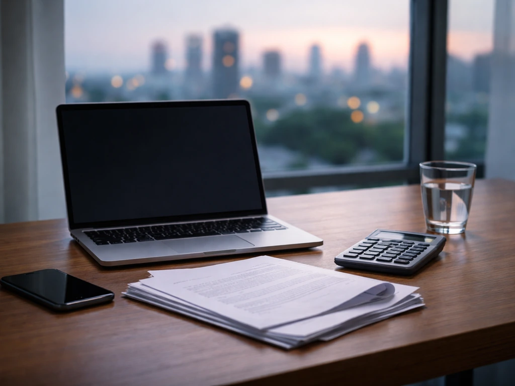 Minimal desk with laptop, calculator, and blank papers symbolizing wildly different net-worth estimate ranges