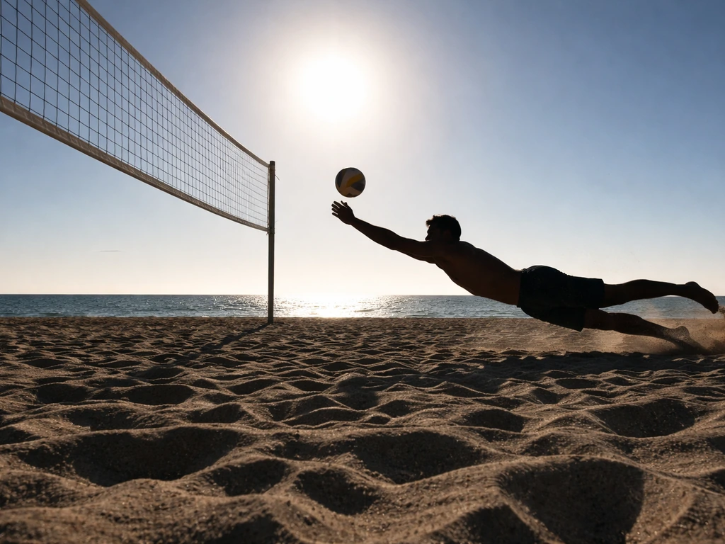 Beach volleyball player silhouette on a quiet sand court with ocean horizon, minimal and realistic.
