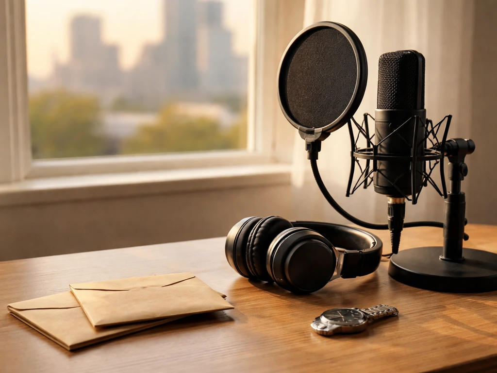 Athlete earnings vs long-term wealth shown with a quiet desk scene: microphone, headphones, and scattered cash envelopes