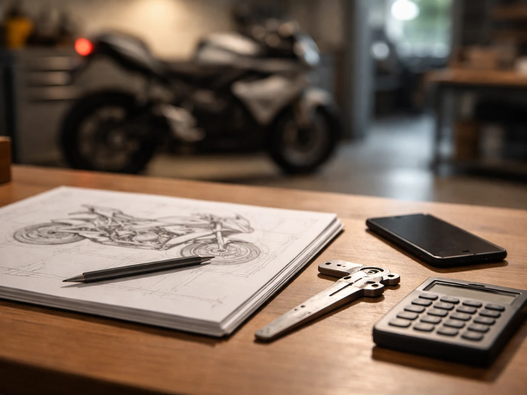 Minimal workspace with a motorcycle design sketch pad and calculator, suggesting business analysis and net worth context