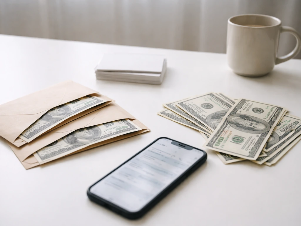 Minimal desk scene with scattered money envelopes and a smartphone showing blurred financial news, symbolizing differing