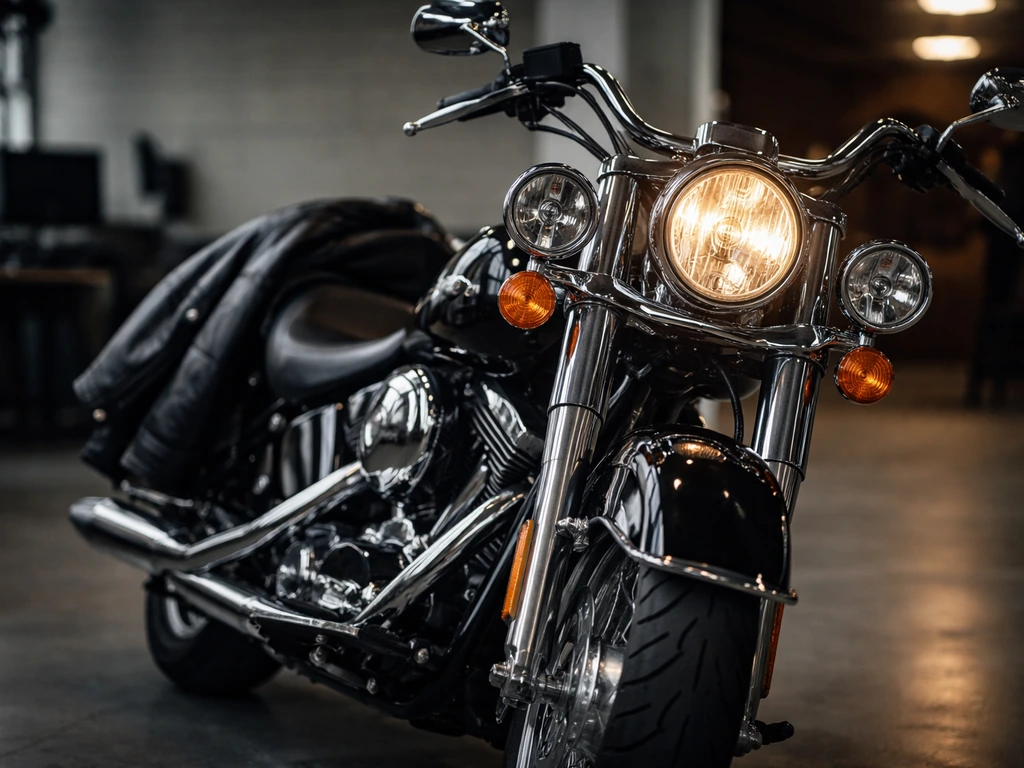Close-up of a Harley-Davidson-style motorcycle with a dark leather jacket on a studio table