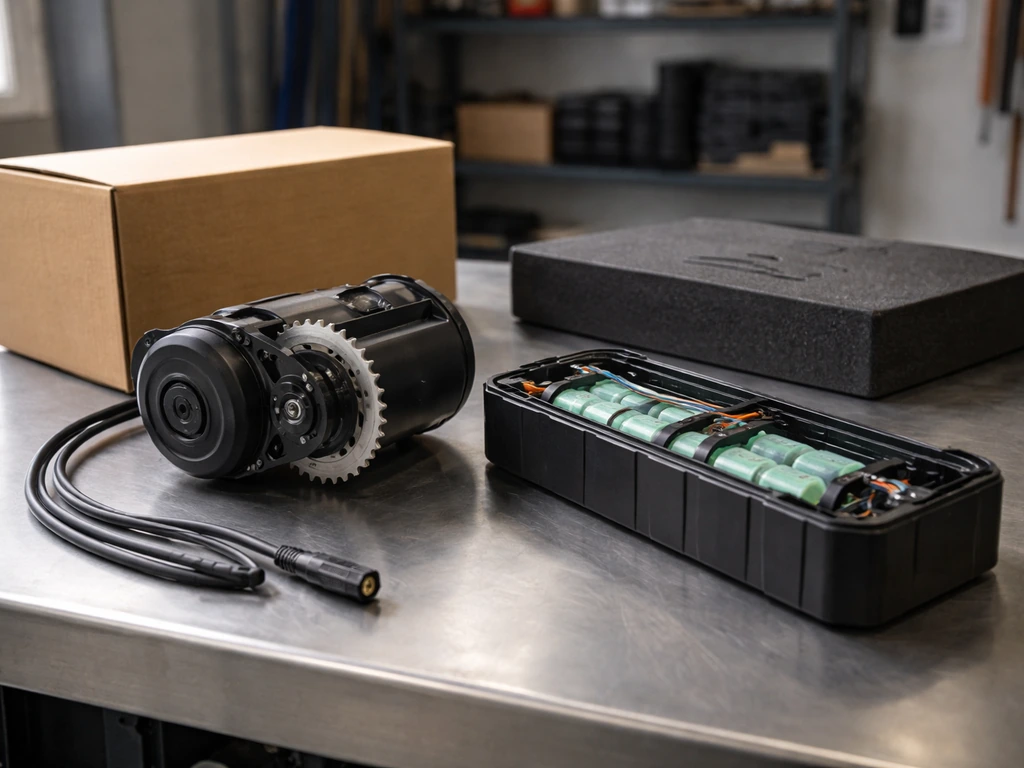 Close-up of an electric bicycle motor and battery assembly on a workshop bench, branded-style packaging nearby