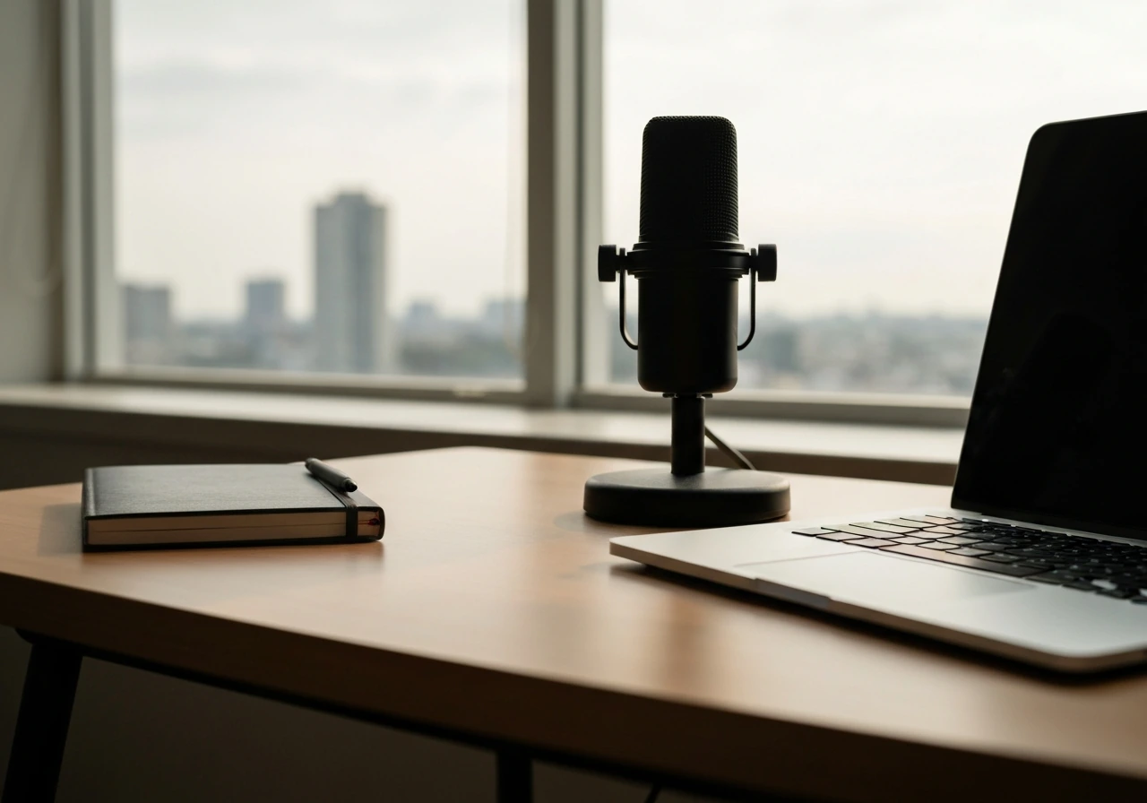 Anonymous media and finance scene: microphone and laptop on a tidy studio desk by a window