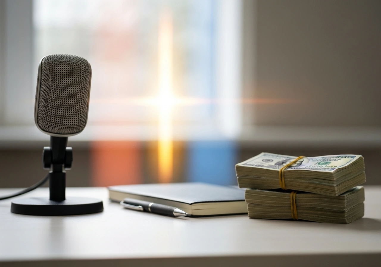 Minimal photo of a media studio desk with a pen, cash-like props, and a softly lit range cue in the background.