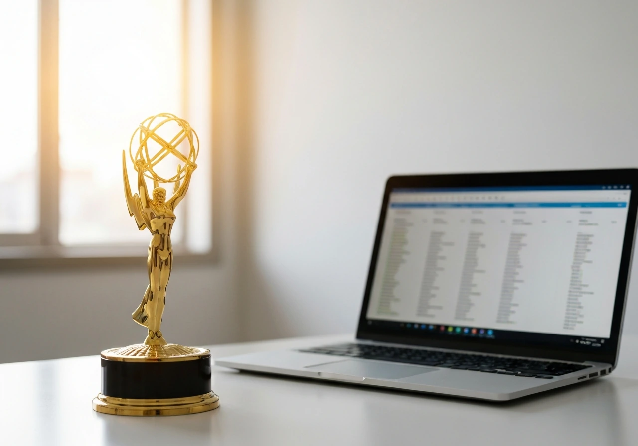 Golden film trophy on a desk beside a work laptop, with a quiet office background suggesting media income and fees.