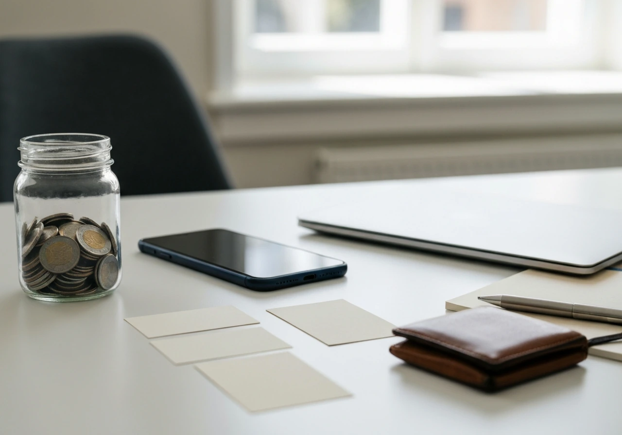 Phone, laptop, blank cards, coins in jar, and a wallet on a desk symbolizing pay vs assets.