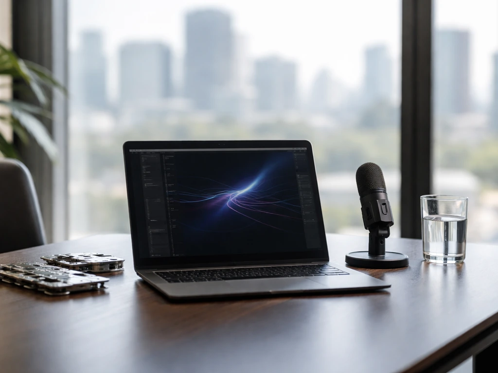 Modern startup desk with laptop and microphone, AI hardware elements, blurred city view in natural light.