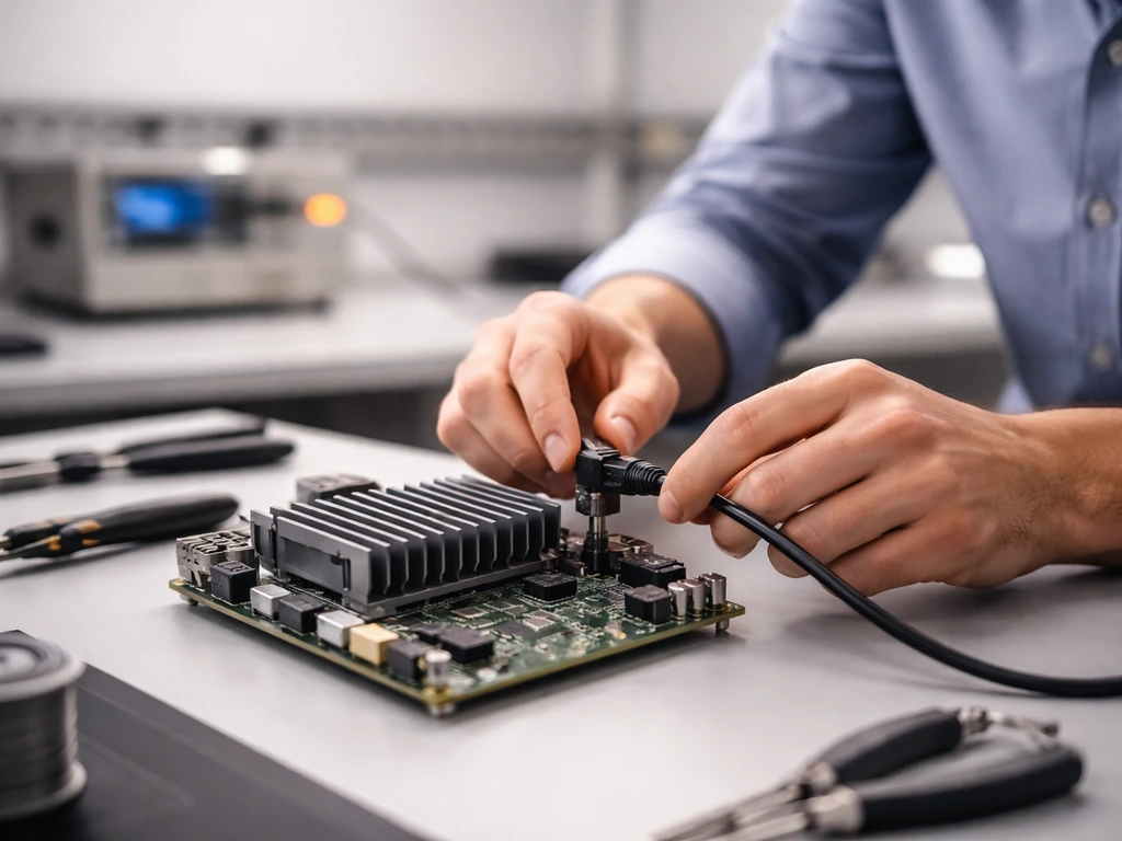 Engineer in a quiet lab works beside a prototype hardware bench for an AI accelerator