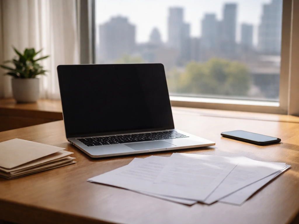 Minimal photo of a business desk with a laptop, scattered documents, and a blurred city skyline at window light