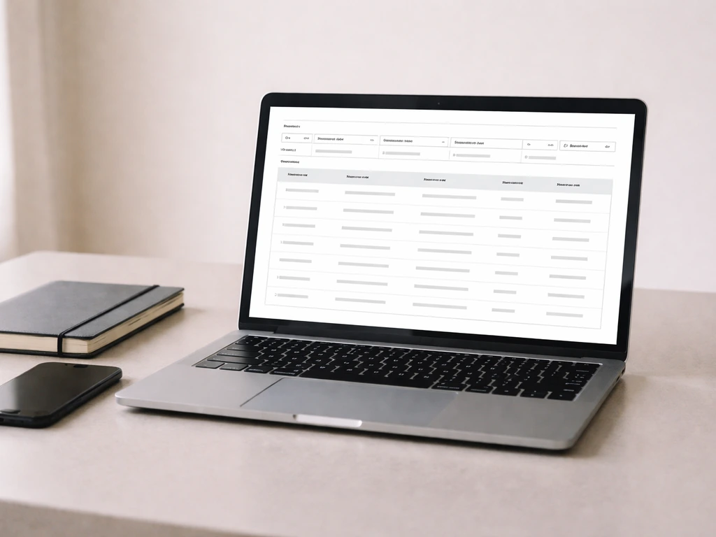 Close-up of a laptop showing a generic patent-database style interface and a notebook on a desk