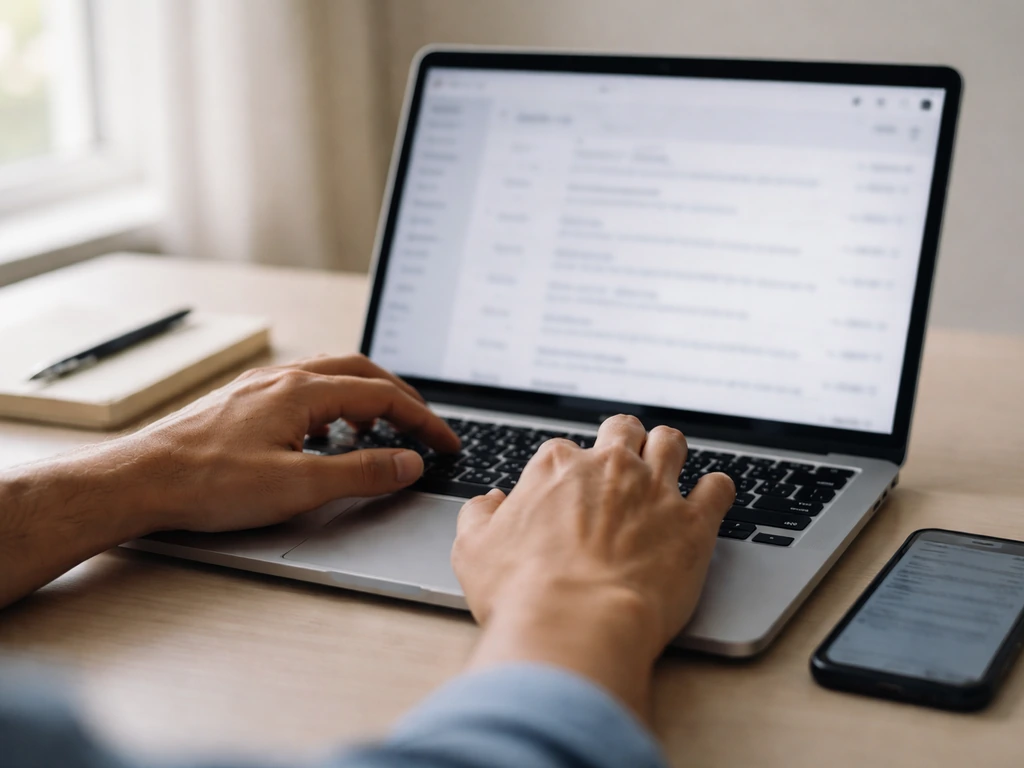 Person at a desk setting up email alerts on a laptop, with a phone showing a muted notifications screen