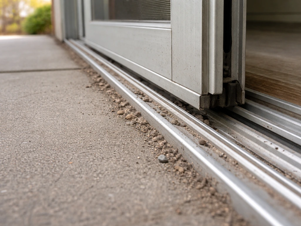 Closeup of a patio sliding door track with debris and a slightly mis-seated door panel sticking.