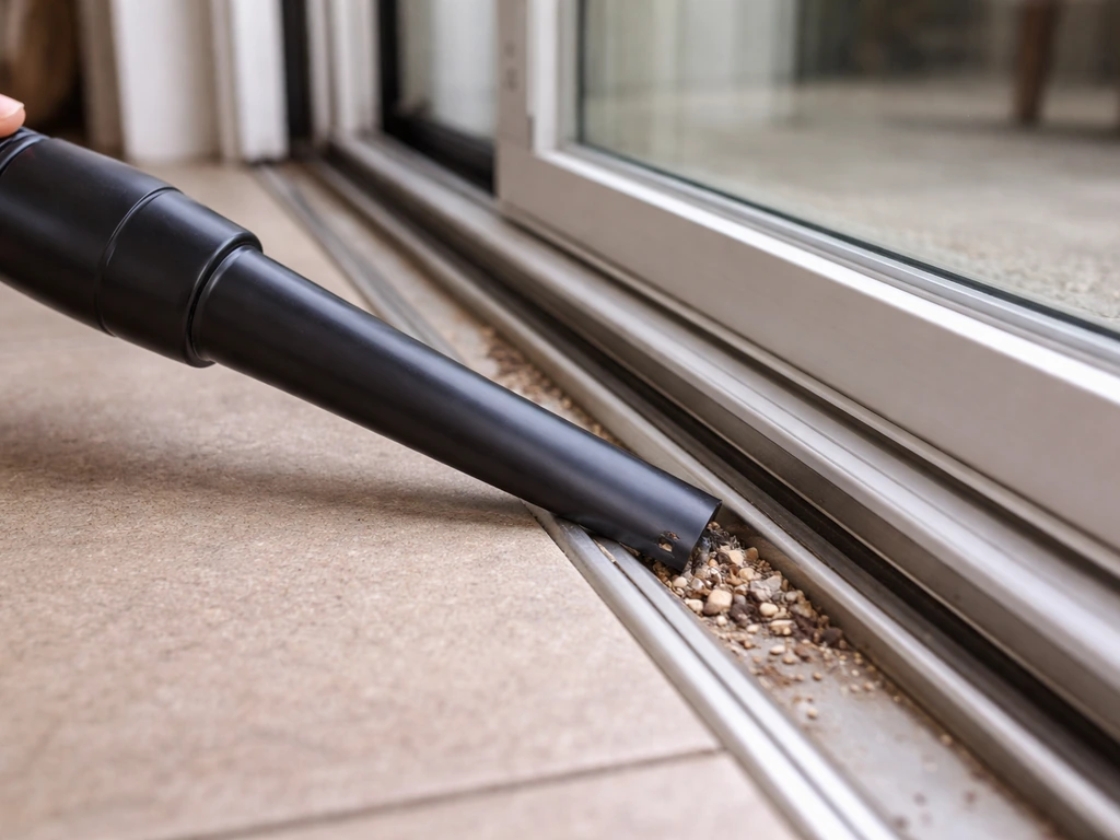 Crevice vacuum tool cleaning a sliding patio door track, pulling grit from corners.