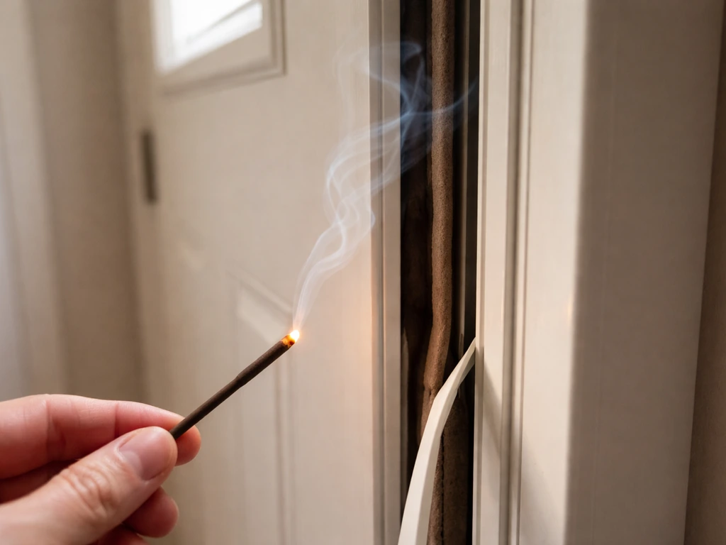 Lit candle or incense smoke held by a door edge, showing weatherstripping gap for inspection.