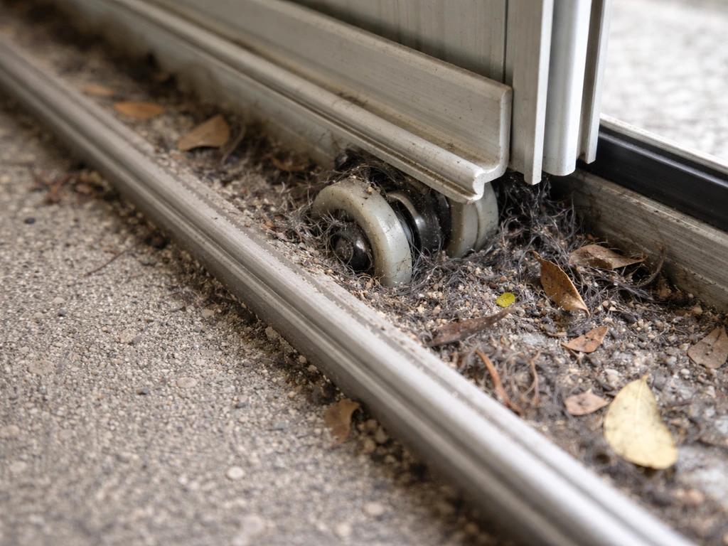 Close-up of a screen door bottom track packed with grit, pet hair, and leaves blocking smooth roller travel.
