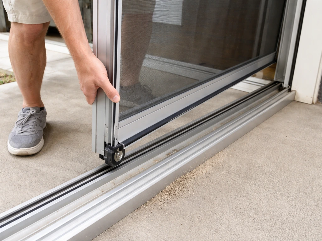 Hands lift a patio screen door and guide the rollers into the bottom track for proper alignment.