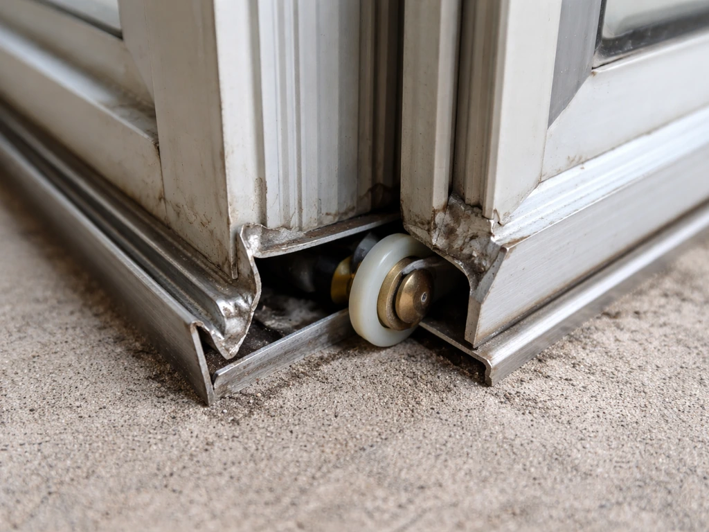 Close-up of bent bottom door frame corners with a misaligned roller seated at the wrong angle.