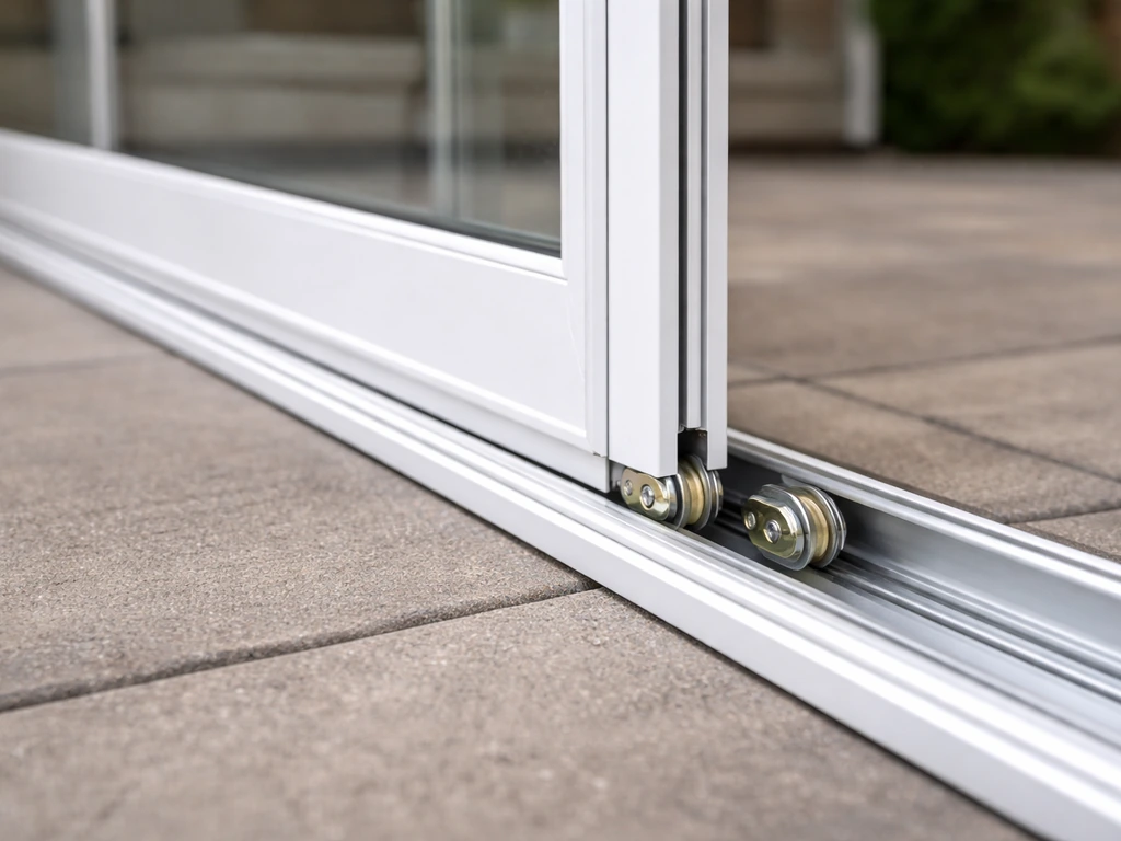 Bottom corner of a sliding patio door being reseated on the track at a home exterior.