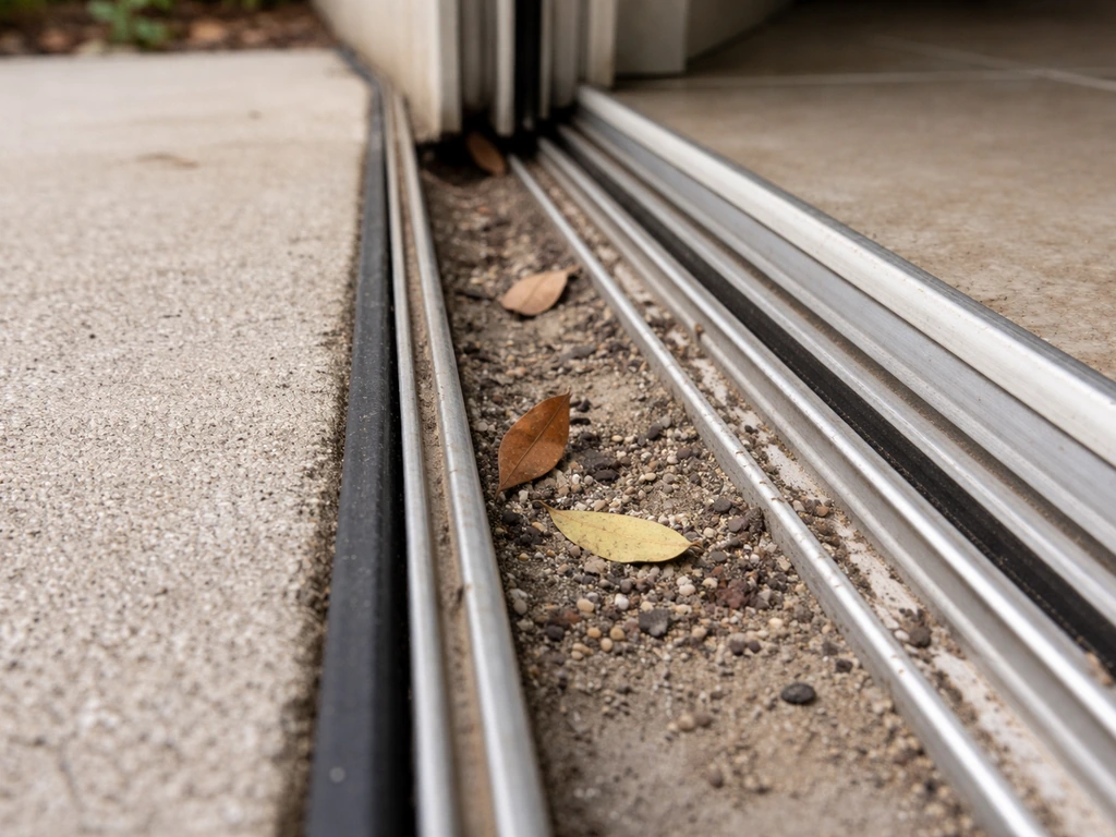 Close-up of a sliding patio door track with debris and grit near the threshold