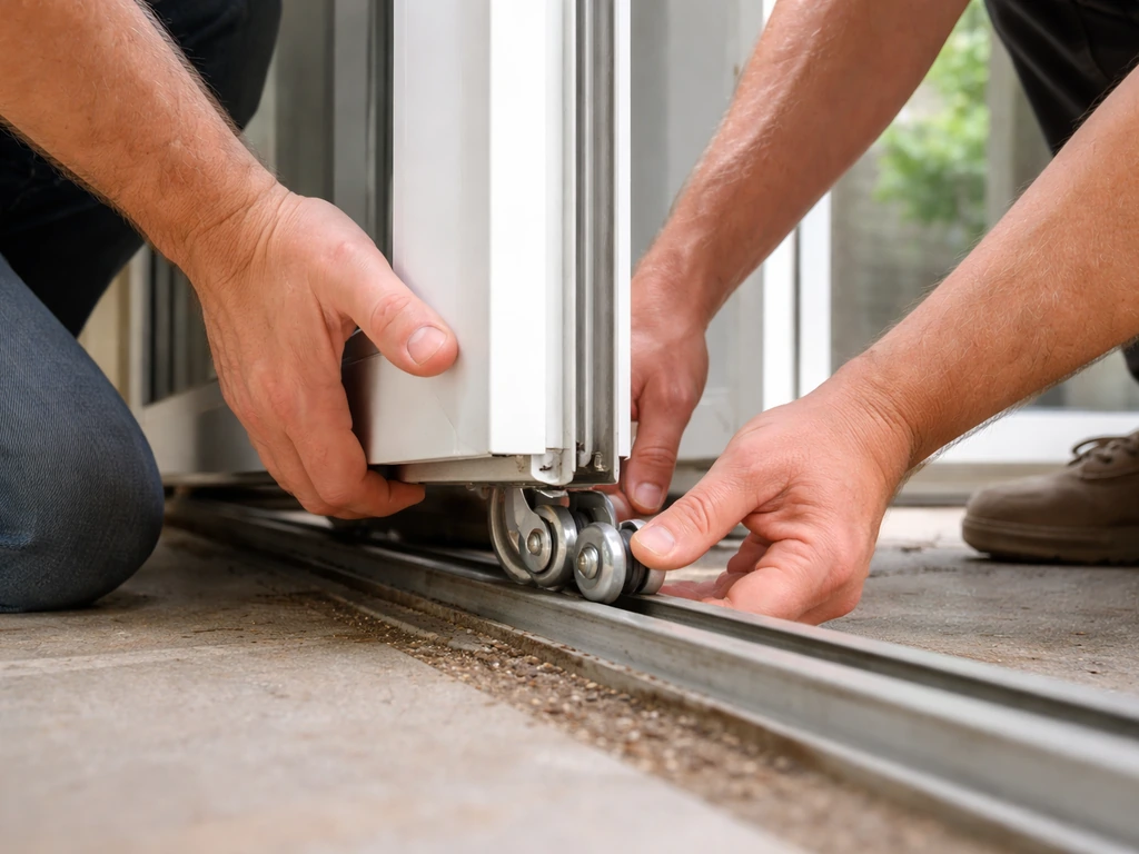 Two hands lift a sliding patio door while another guides the bottom rollers back on the track.